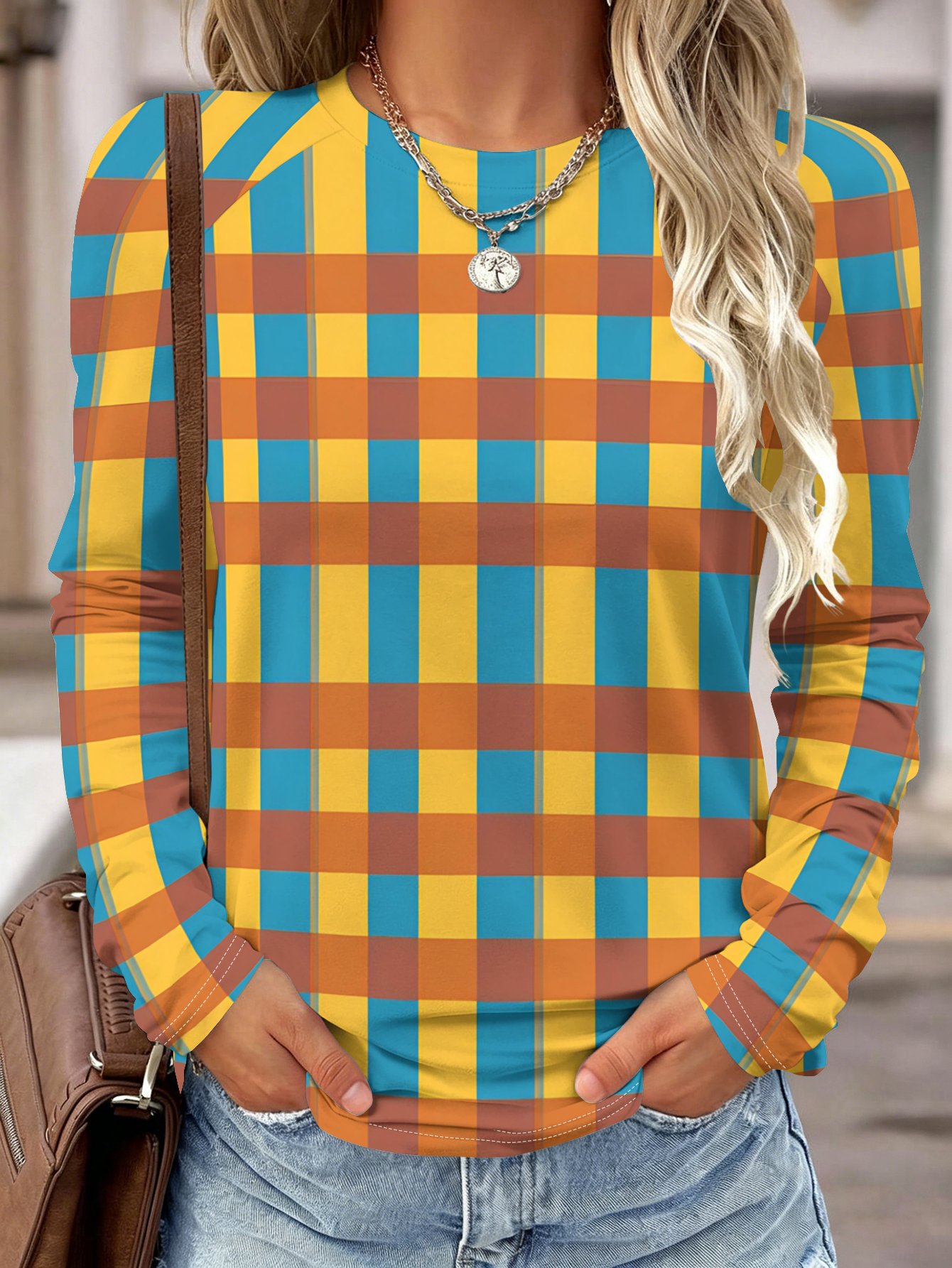 Wallpaper - Damesblouse met lange mouwen, geel, blauw,